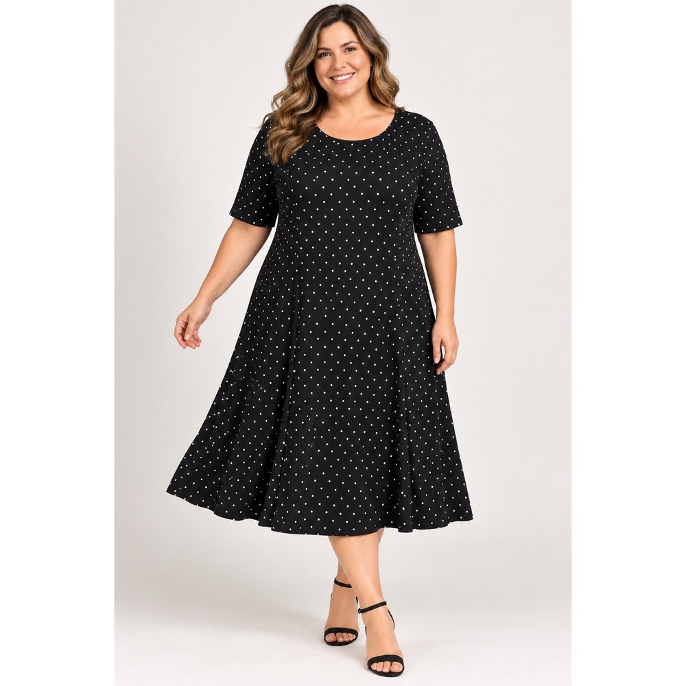 Susan Graver Polka Dot Dress Womens XL Black White Liquid Knit A-Line Midi Short